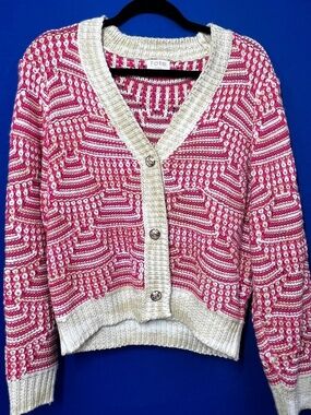 |•FATE•| Cute Pink White & Tan Cardigan Sweater Size Medium
